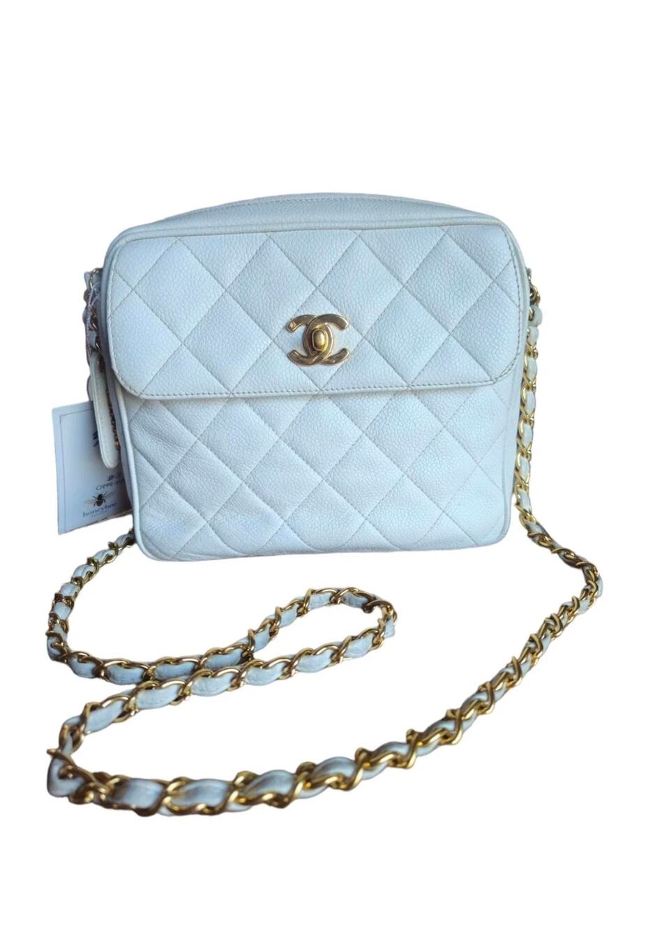 Vintage Chanel White Caviar Leather Square Flap Shoulder/Crossbody Bag